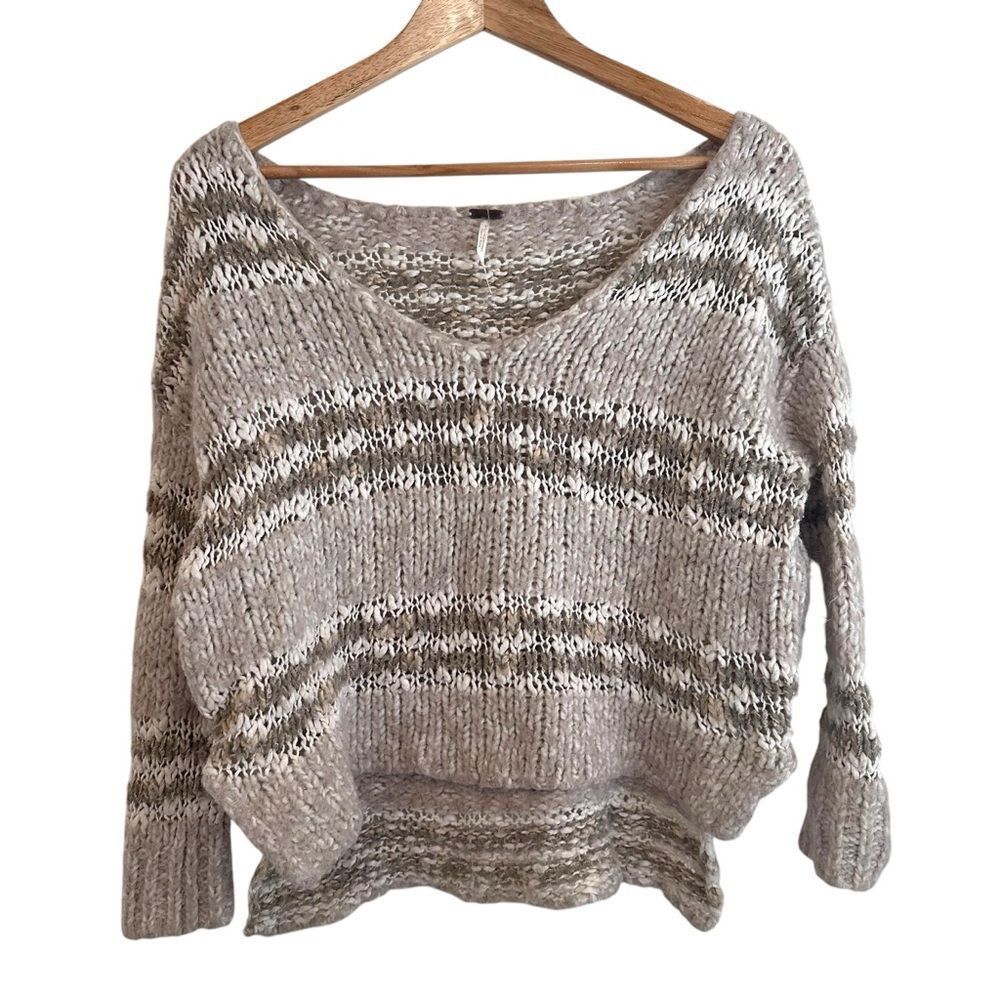Free People Linus Eyelash Sweater Cream Tan Striped Boho Pullover Size XS